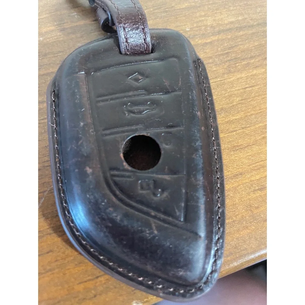 BMW Leather Key Fob Cover Case Dark Brown Protective Sleeve with Brass Ring